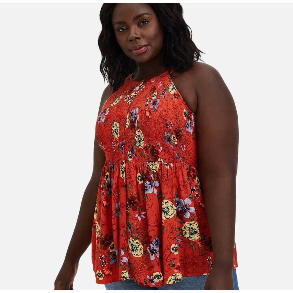 Torrid Smocked Top Babydoll Size 2X Rayon Crepe Tank Button Front Floral